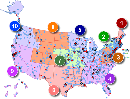 Map of EPA regions with links to information on previous regional EE grantees.