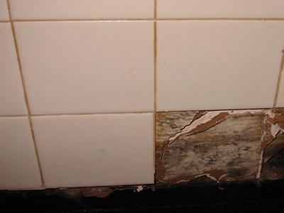 Mold growth under ceramic tiles in a bathroom.