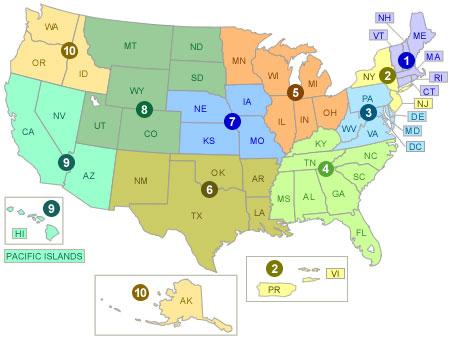 USA map showing states within each EPA region, as listed down this web page
