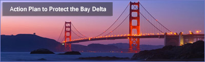 Image of the Golden Gate Bridge at sunset and title Action Plan to Protect the Bay Delta