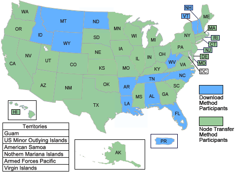 US map showing states and territories and which ones have download or node transfer methods