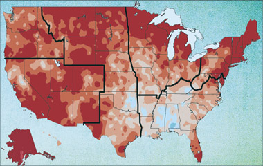 US Map showing areas susceptible to climate change