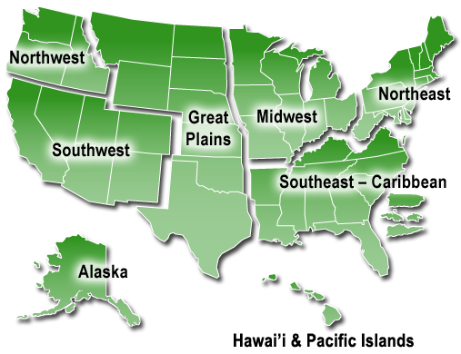US map showing regions from the National Climate Assessment