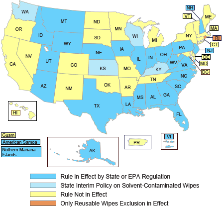 US map showing which states have solvent-contaminated wipes rules