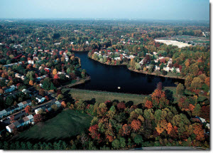 Aerial view of fall trees surrounding a lake