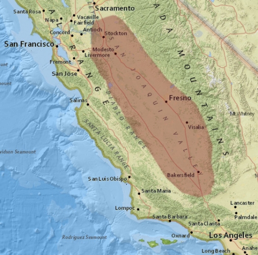 Shaded area shows the general area of the San Joaquin Valley. Click image for a larger map