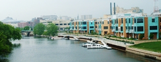 Riverwalk development facing downstream
