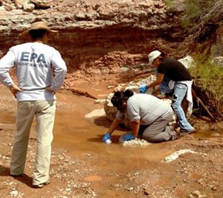 Workers taking water samples next to a spring