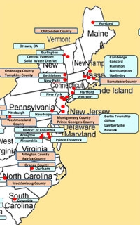 Map of the U.S. East Coast with multiple project locations marked.