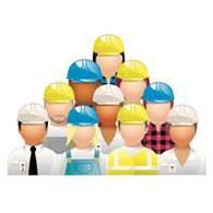 Illustration of a diverse group of 10 employees wearing hardhats. 