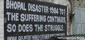 A sign commemorating the Bhopal chemical disaster that occurred in December 1984.