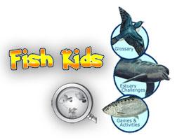 Graphic shows "Fish Kids" with a magnifying glass and three circles with different animals and titles: Shore bird - Glossary, Dolphin - Estuary Challenges, Fish - Games & Activities