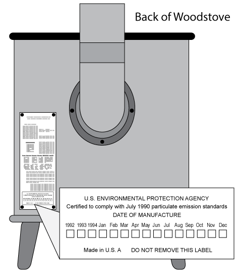 Image of the EPA label and placement on the back of a wood stove
