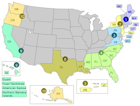 Map of the US, split into EPA regions that have Climate Ready Estuaries projects.