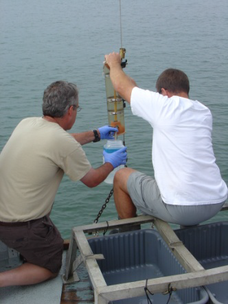 Two men taking samples from a body of water