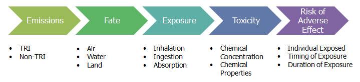 Overview of factors that influence risk (emissions, fate, exposure, toxicity, and risk of adverse effect)