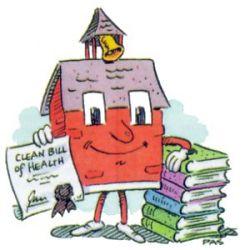 Image of school house leaning on books holding a certificate that reads:Clean Bill of Health