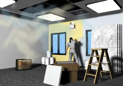 A picture of a man painting a cubicle wall