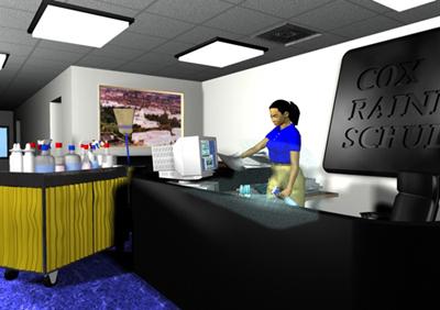 A picture of a woman at a desk with cleaning supplies