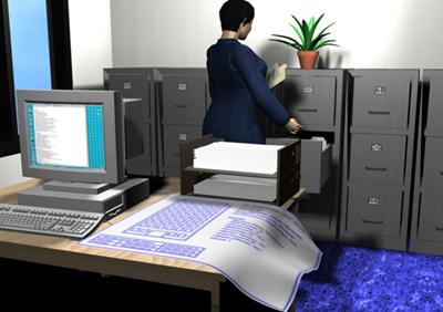 A picture of a woman holding a paper taken from a filing cabinet