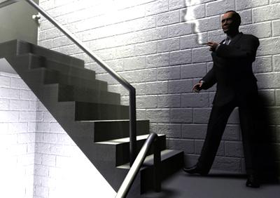 A picture of a man smoking by a stairwell