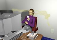 A picture of a woman at a desk being exposed to odors from a pollutant