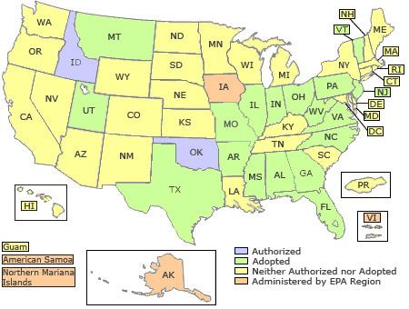 Show states in four categories: authorize, adopted, neither authorized or adopted, and administered by EPA Region