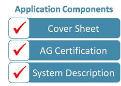 Checklist titled application components, and includes list items cover sheets, AG certification, and system description(s). All list items are checked.