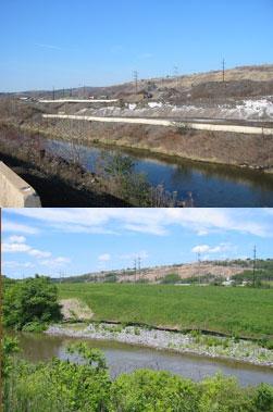 Top photo is Before Photo of Palmerton Zinc Piles. The bottom photo is the site after it has been cleaned up.
