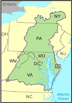 Map showing the Chesapeake Bay Watershed.  The Chesapeake Bay Watershed is made up of portions of six states (Delaware, Maryland, New York, Pennsylvania, Virginia and West Virginia) and the DIstrict of Columbia.