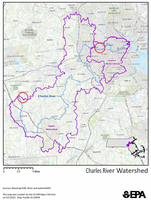 This map of the Charles River Watershed shows the Charles River headwaters beginning in Hopkinton, Mass. and flowing through the municipalities of Milford, Bellingham, Franklin, Medway, Millis, Medfield, Sherborn, Dover, Natick, Wellesley, Needham, Dedham, Newton, Waltham, Watertown, Cambridge and Boston, MA and from there into Boston Harbor.