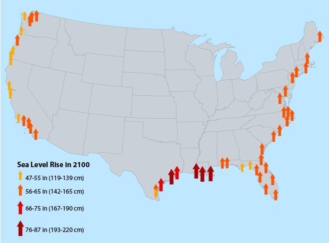 Map of the U.S. showing the projected sea level rise (relative to land) under the CIRA Reference scenario for select coastal counties. 