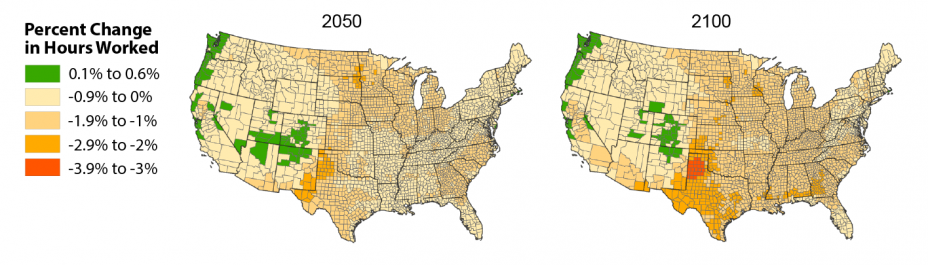 Set of two maps of the U.S. showing the estimated percent change in hours worked from 2005 to 2050 and 2100 under the CIRA Mitigation scenario. 