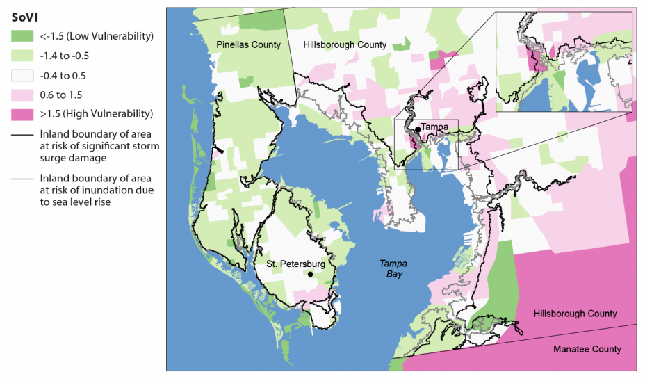 Map of the Tampa Bay area overlaying areas at risk of storm surge damage and sea level rise with areas identified as having high social vulnerability. 