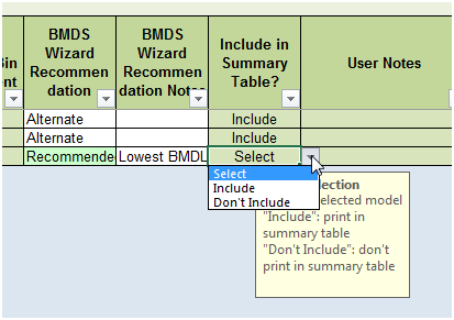 Options available in the "Include in Summary Table?" column