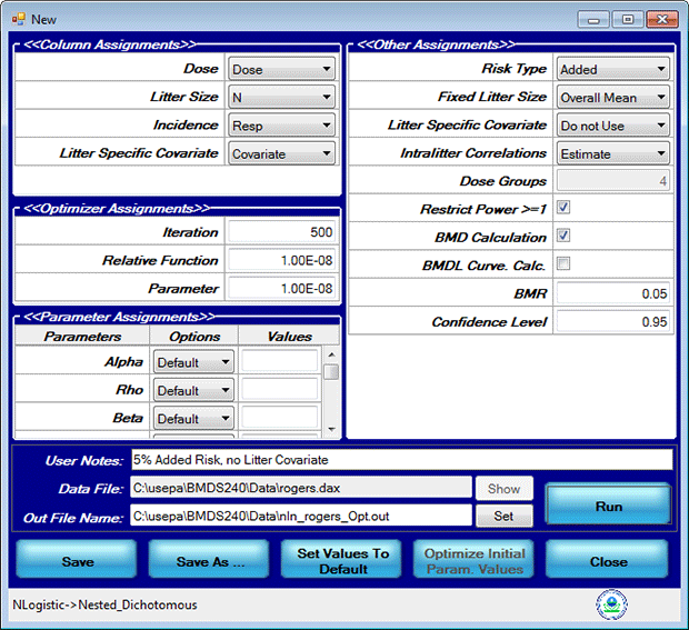 Nested Model Options dialog values for Exercise 2