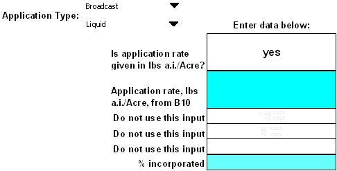 LD50/square foot inputs. Input fields include: application type, application rate, % incorporated.
