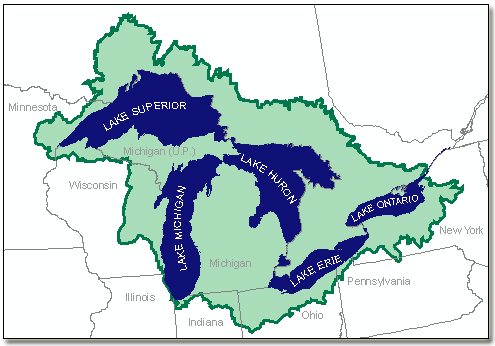Map showing the Great Lakes basin or watershed