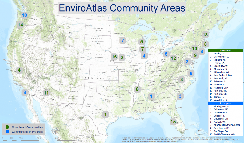 Shows map of currently available and in-progress EnviroAtlas communities