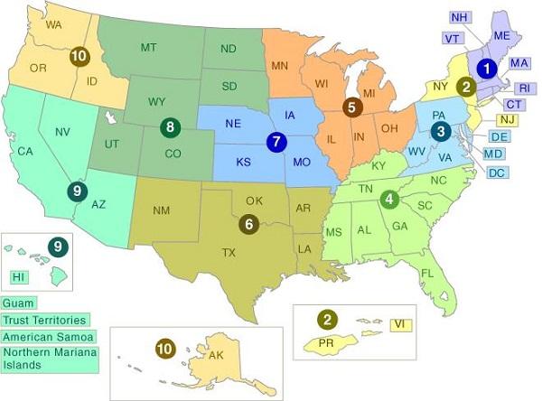 Map of EPA Regions divided by US states and US territories.