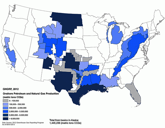 Map showing Total emissions (CO2e) by geologic basin for onshore petroleum and natural gas production facilities 