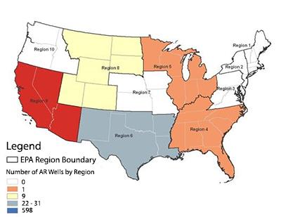 Figure 1a: Distribution of Aquifer Recharge Wells by EPA Region. Inventory of Aquifer Recharge Wells. The map show the general distribution of aquifer recharge wells by EPA Region. The majority of aquifer recharge wells are located in EPA Region 9.