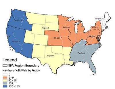 The map show the general distribution of aquifer storage and recovery wells by EPA Region. The majority of aquifer storage and recovery wells are located in EPA Region 4, 9 and 10.