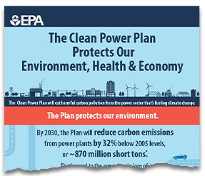 Torn image showing the top portion of a the larger Clean Power Plan Protects Our Environment, Health and Economy  infographic