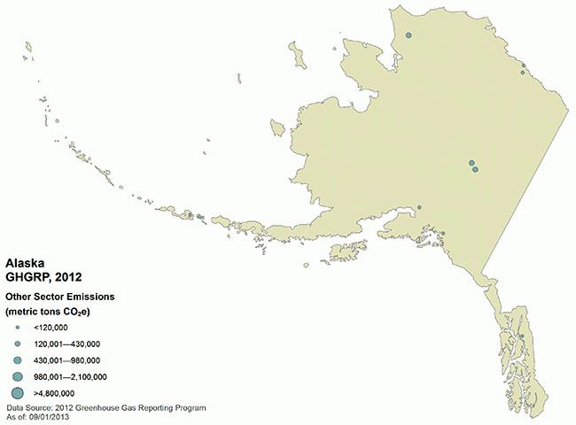 Map of Alaska showing locations of direct-emitting facilities.