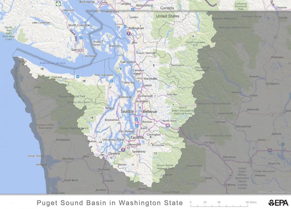 Map showing Puget Sound watershed boundary in Washington