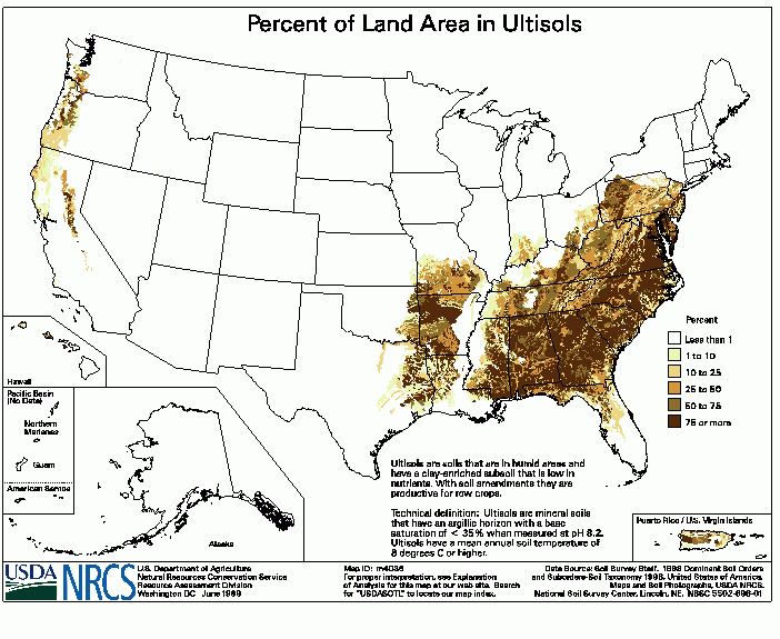 This polygon map shows the percent of land in the Ultisols soil order in each STATSGO map unit.  Cautions for this Product: There are no data for the U.S. Virgin Islands or the Pacific Basin.