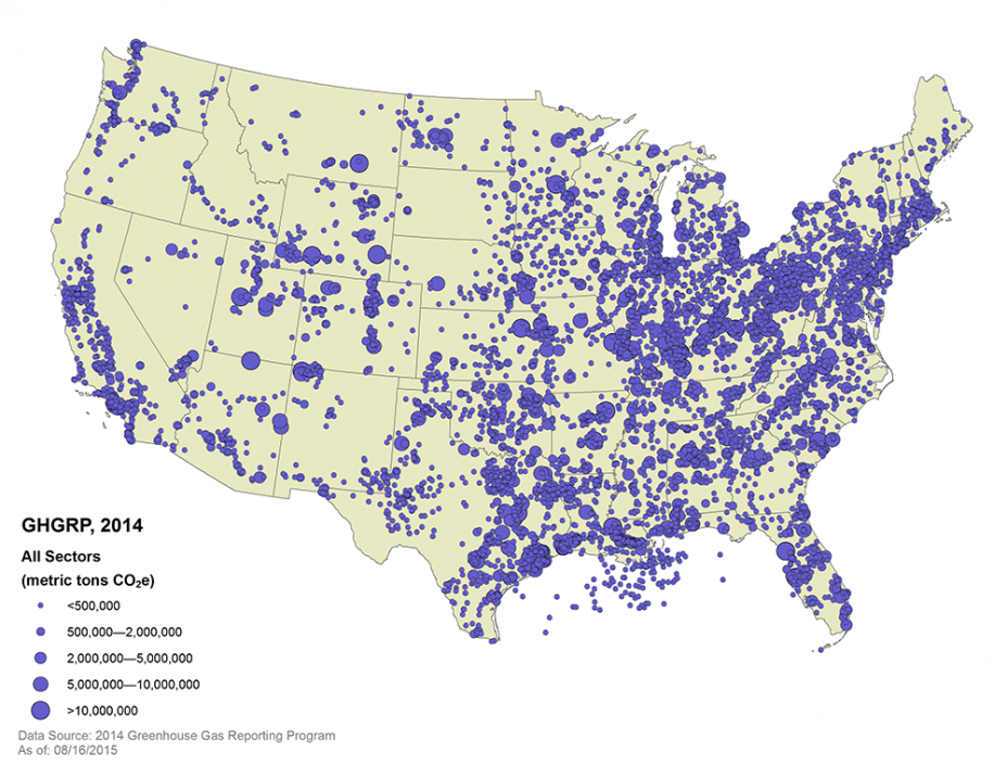 GHGRP 2014 All Sectors US Map.