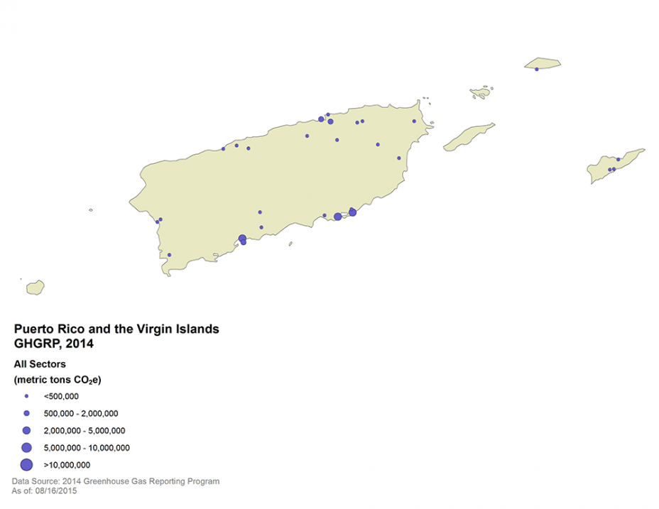 GHGRP 2014 All Sectors PR and VI Map.