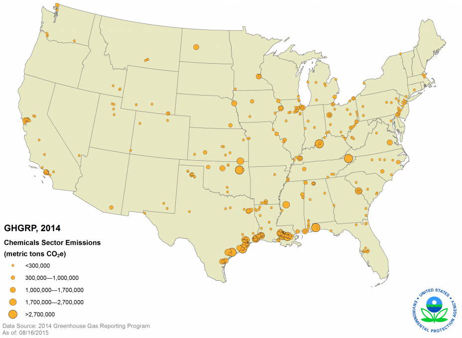 GHGRP, 2014 Chemicals Sector Emissions US Map.